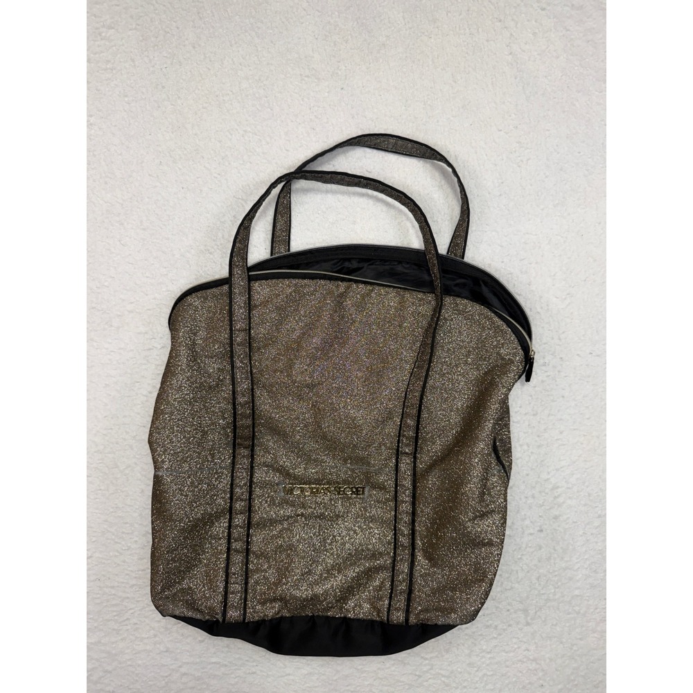 Victoria's Secret Gold Glitter Tote Bag Black Trim Large Zipper Shoulder Bag